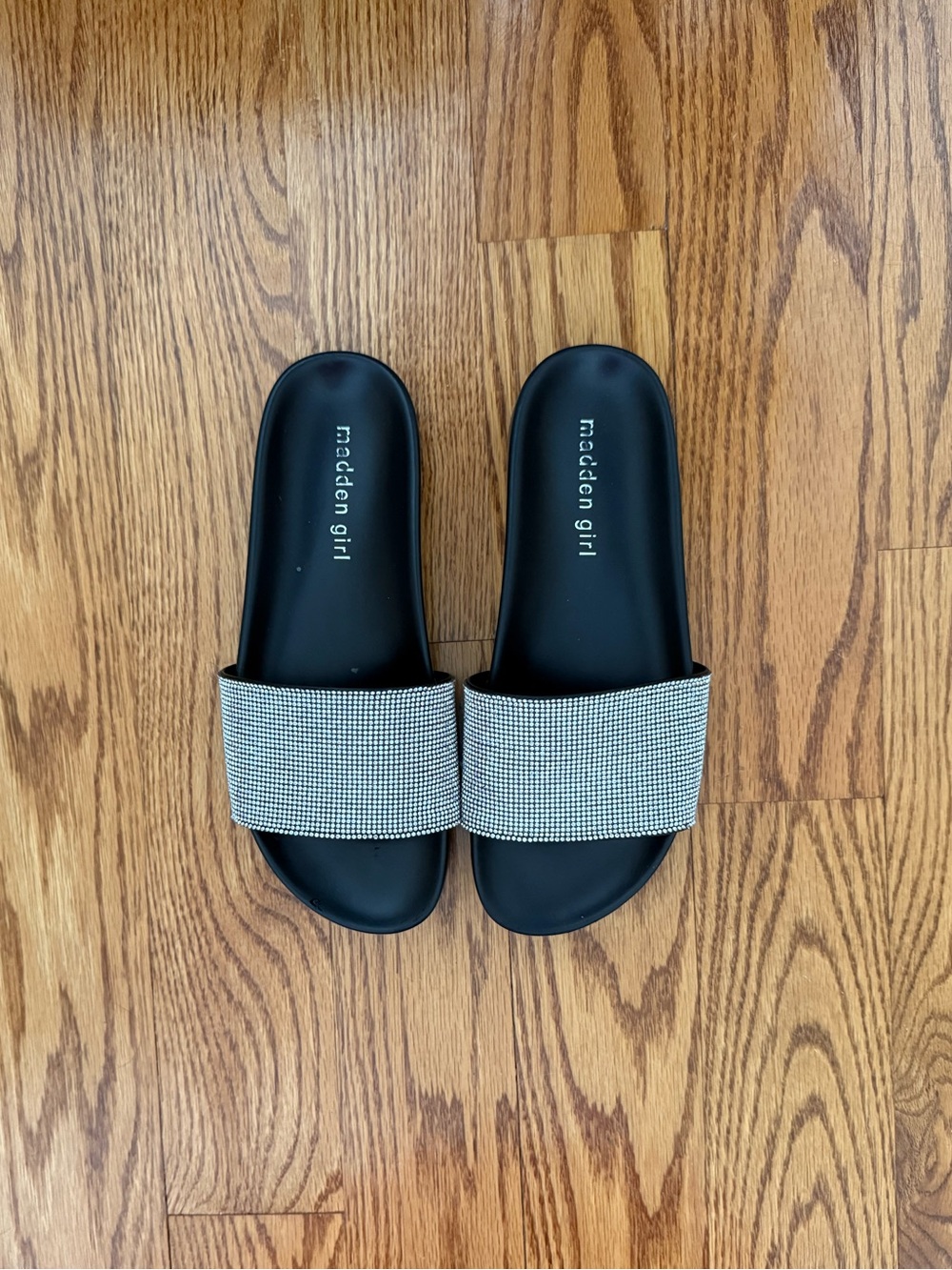 Madden Girl Black Slide Sandals with Rhinestone Strap